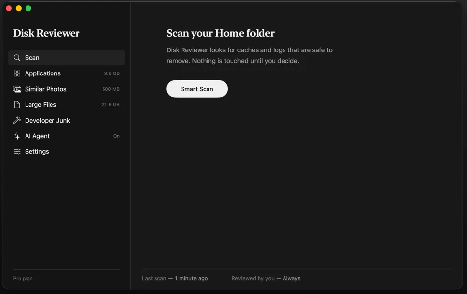 The main window, with Smart Scan ready to check the Home folder
