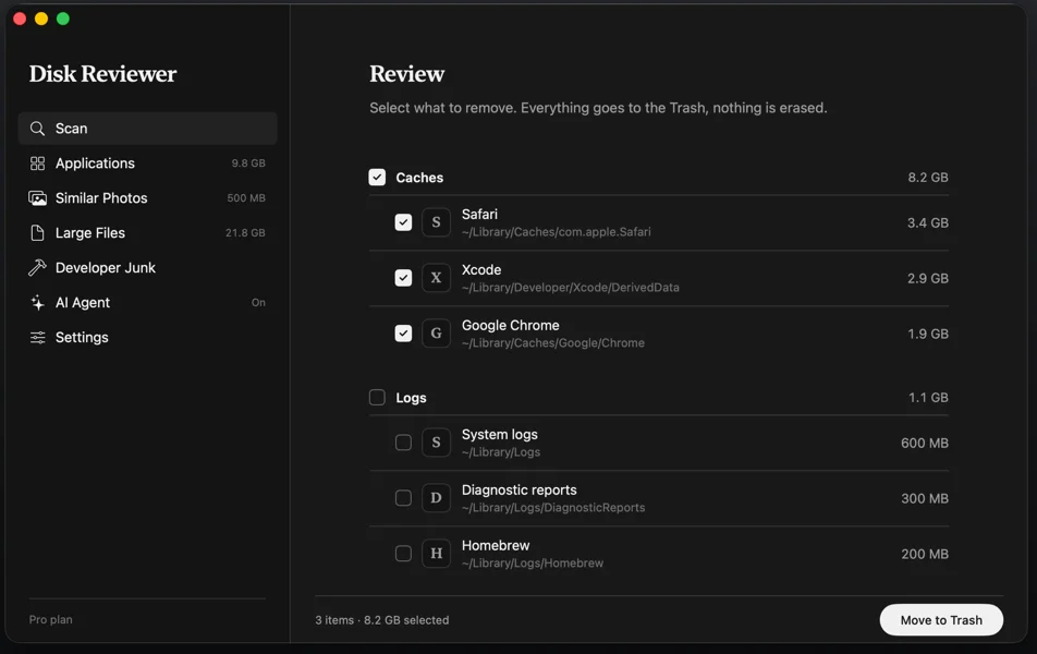 Disk Reviewer's review screen listing found items with their sizes, nothing selected yet